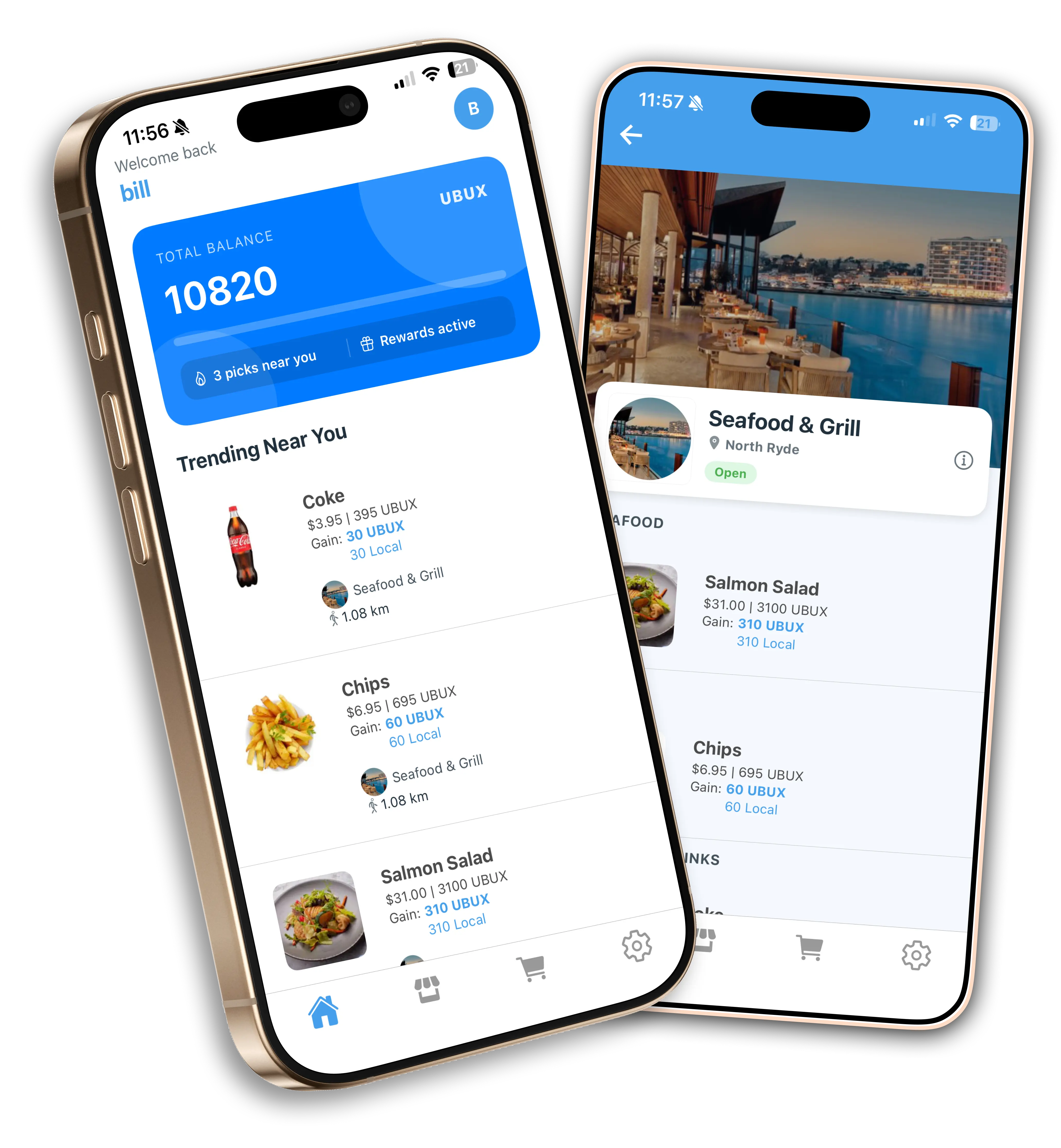 UBUX mobile app showing rewards balance and nearby deals on two smartphones